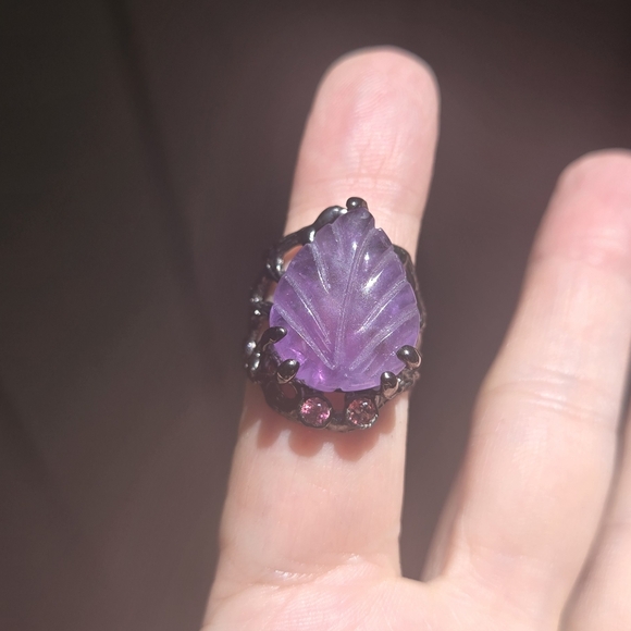 Amethyst 12k leaf & Rhodalite sterling & rhodium ring sz7 - Picture 7 of 10